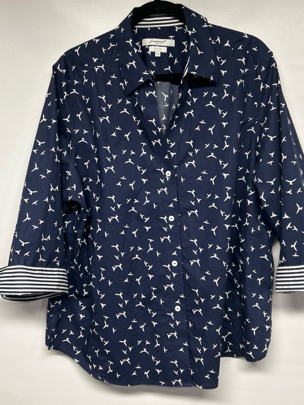 Foxcroft Navy Blouse with White Bird Print